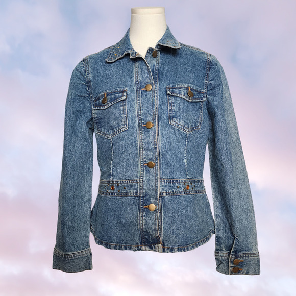 Vintage Jackets & Blazers - Vtg 90s Y2k Rhinestone Gem Studded Bratz Trendy Collared Denim Jacket Sz 10